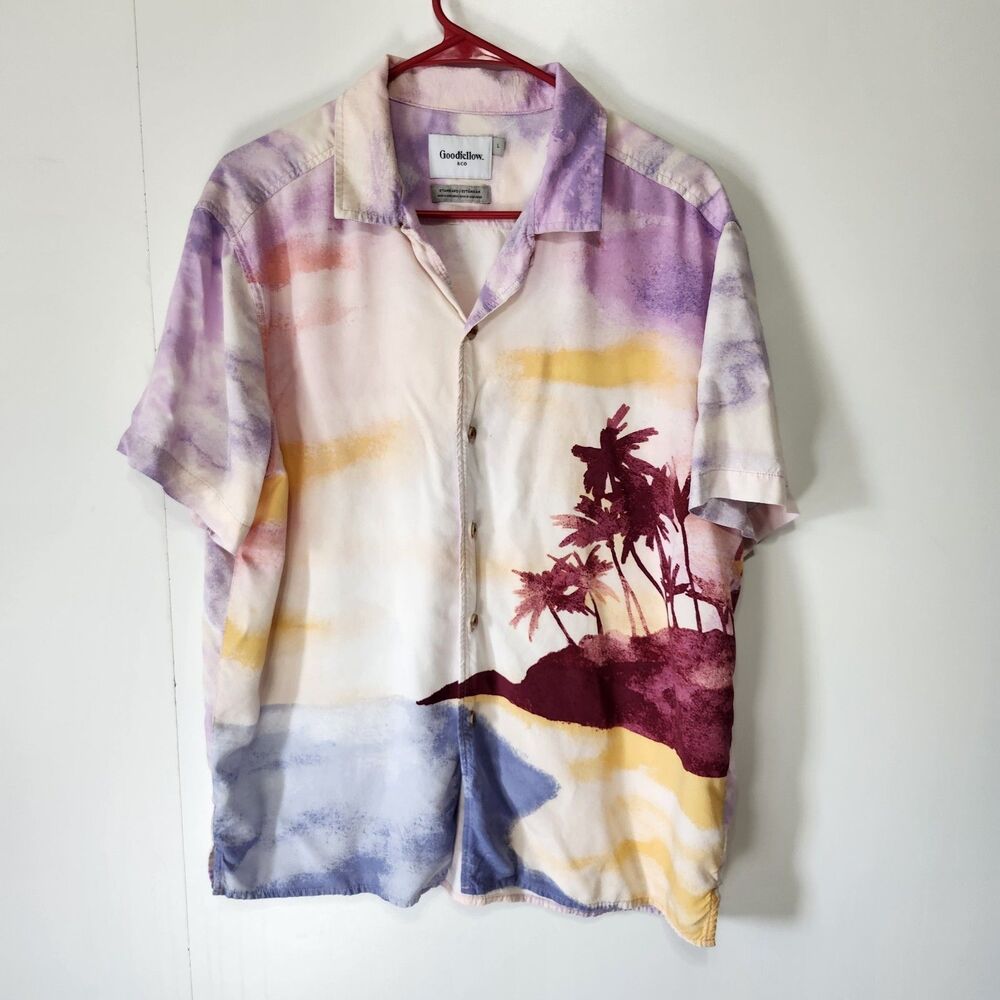 Goodfellow & Co Sunset Palm Rayon Button Up Shirt Size Large Beach Surfer